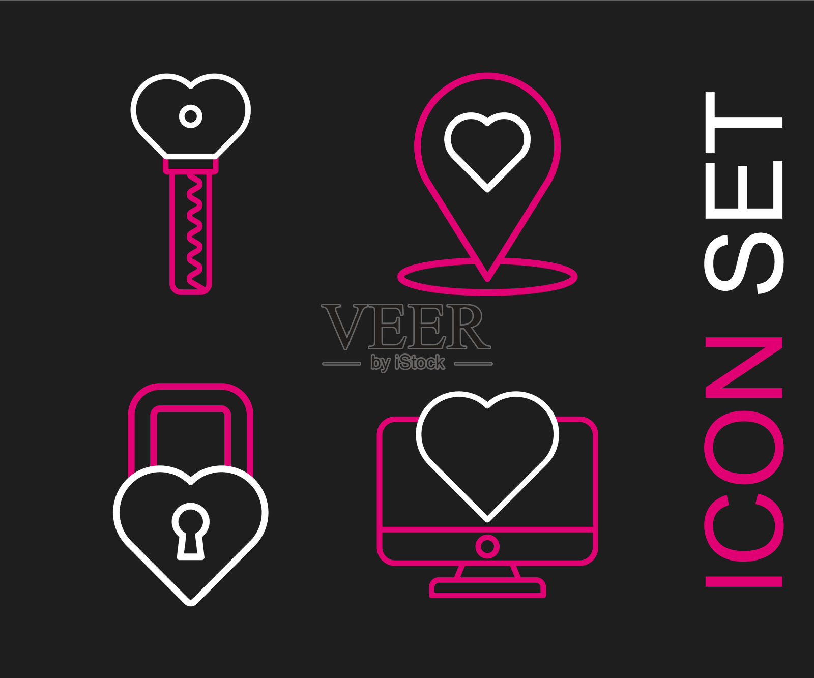 设置线电脑显示器与心脏城堡图标素材