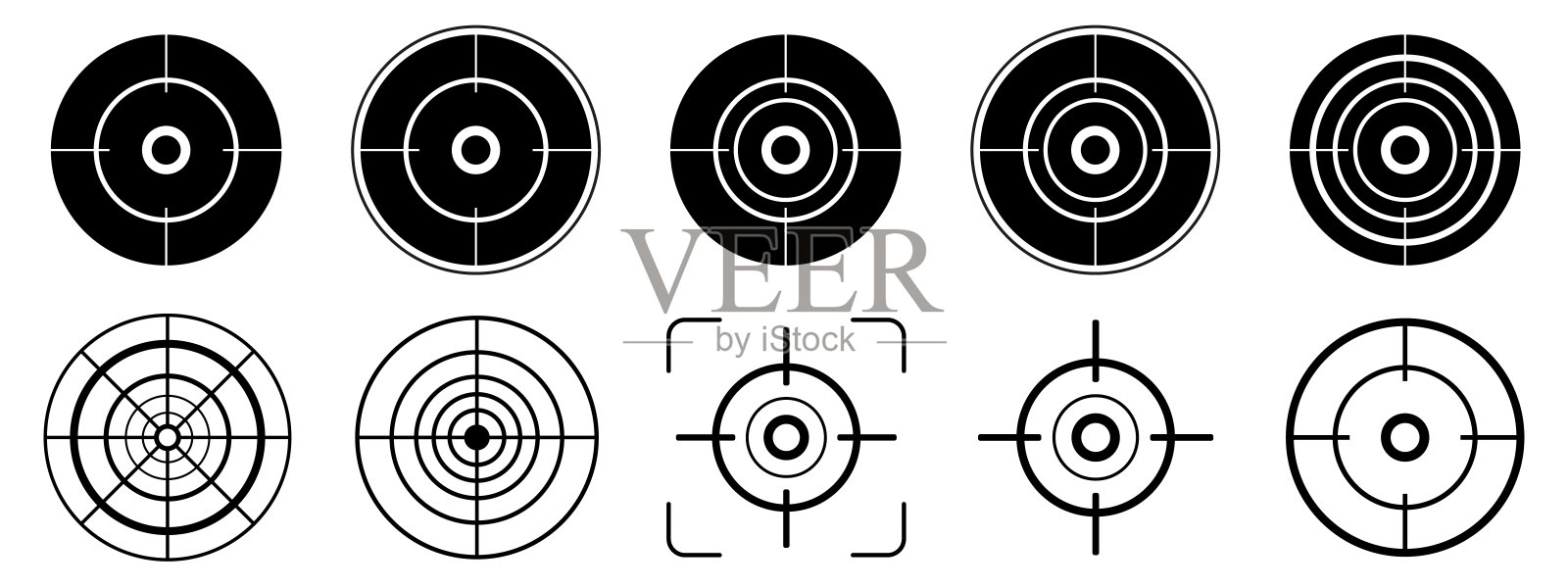目标目的地图标集。瞄准，狙击手射击。光标焦点。目标目标平面和线条风格。矢量EPS 10插画图片素材