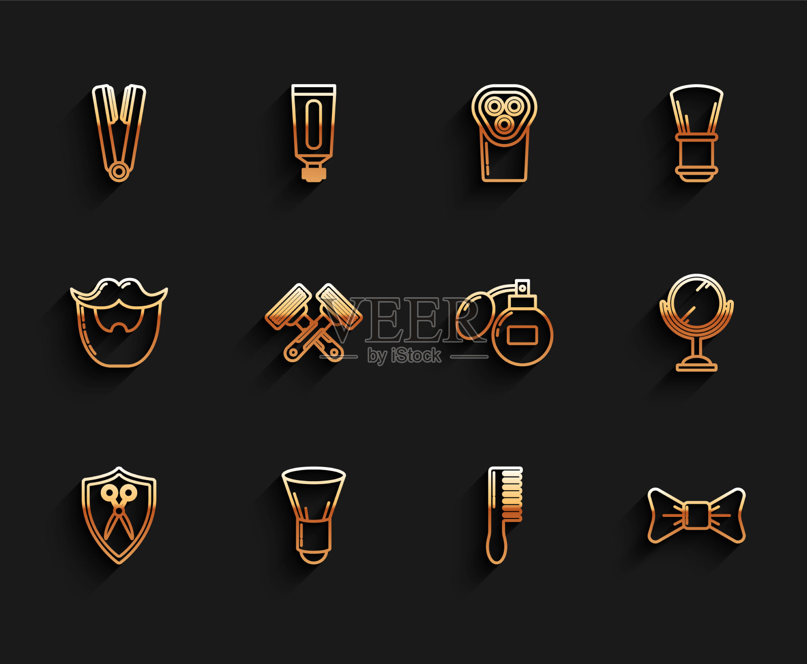 设置线剪美发师和盾牌剃须图标素材