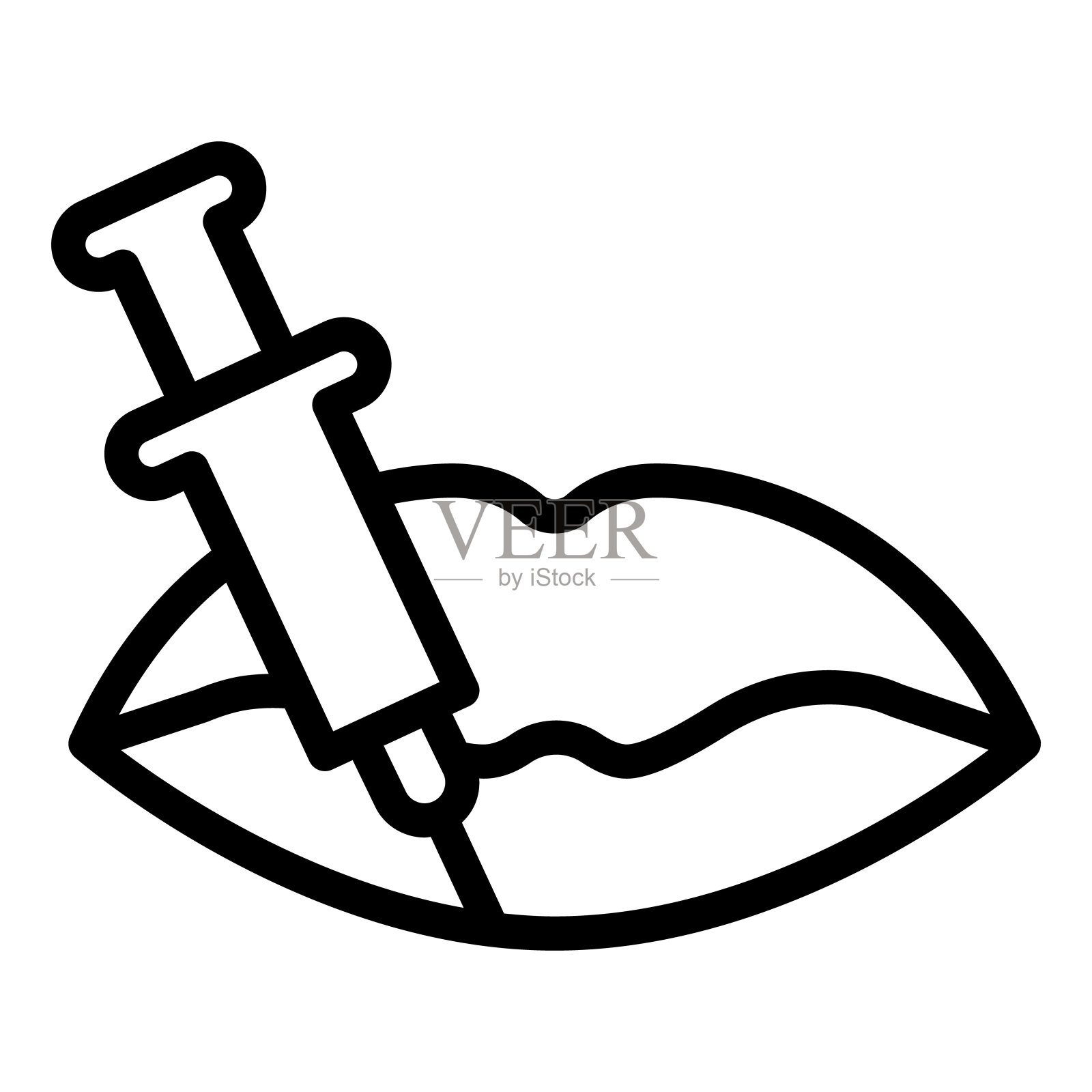 嘴唇和注射器线图标，注射概念，肉毒杆菌注射标志在白色背景，肉毒杆菌在嘴唇图标在轮廓风格移动概念网页设计。矢量图形。插画图片素材