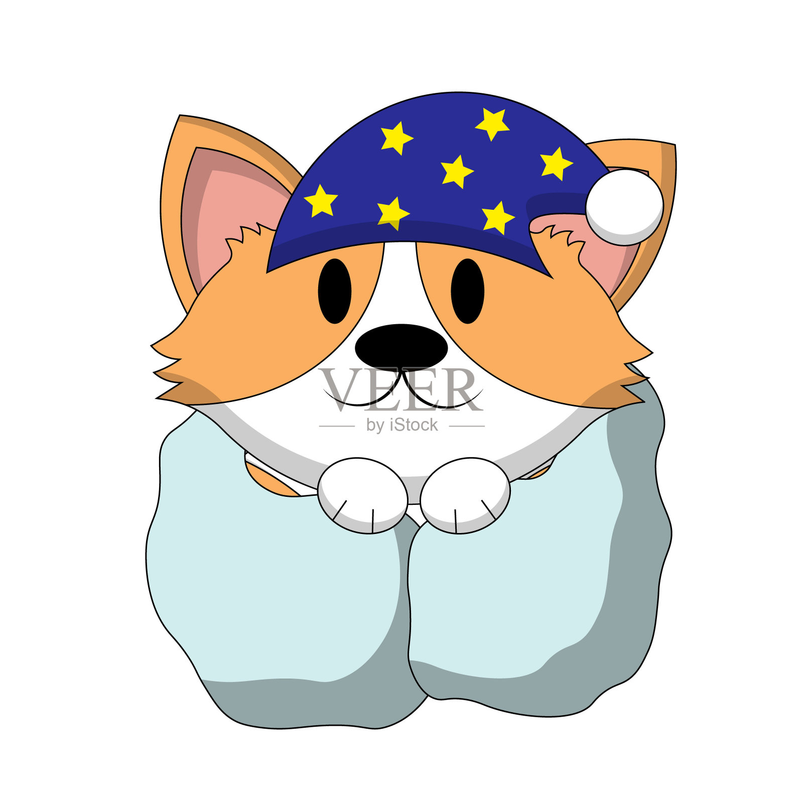 可爱的柯基与睡眠帽和彩色毯子插画图片素材