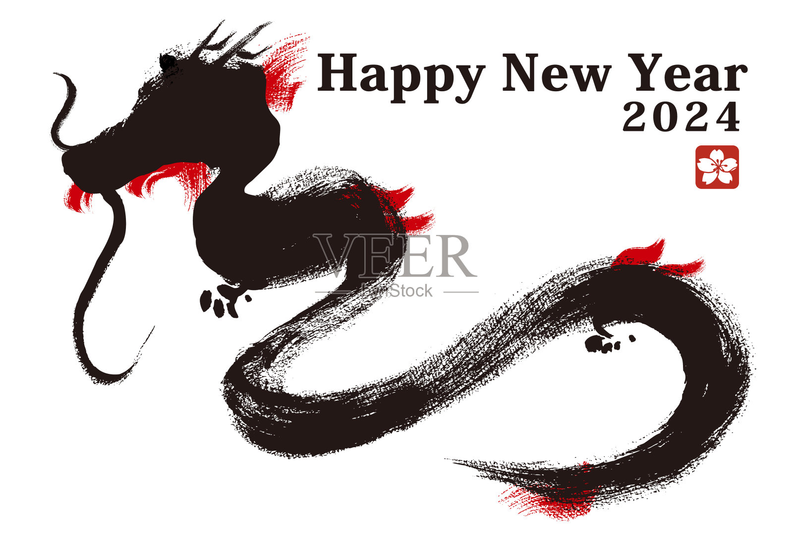 2024龙年新年贺卡模板，手绘象形文字和日式插画插画图片素材