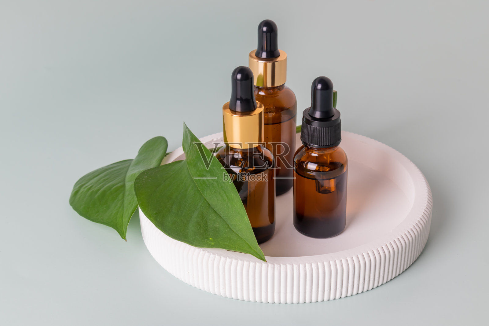 一套不同的瓶子与美容血清，透明质酸和维生素陶瓷托盘绿叶。家庭spa的概念。照片摄影图片