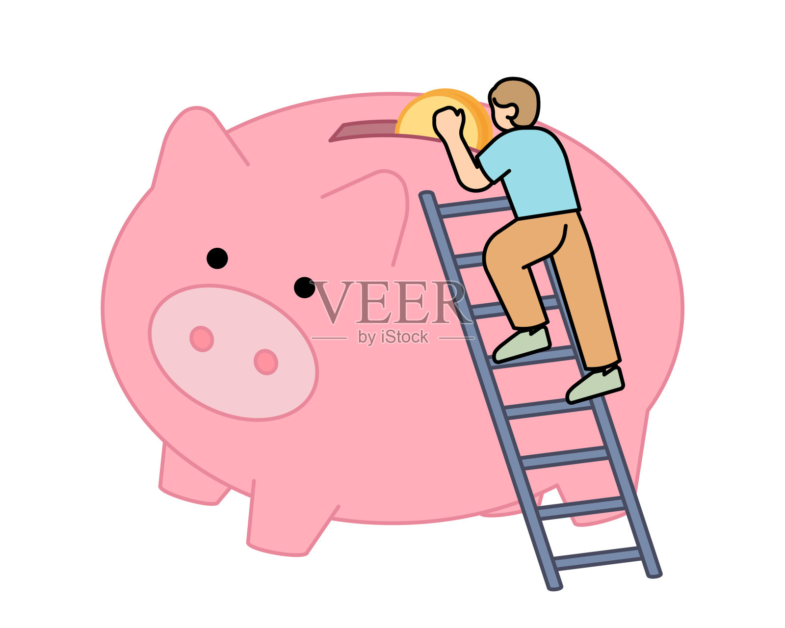 一个人把硬币放进一个大储蓄罐。投资的概念。简单的矢量插图。插画图片素材