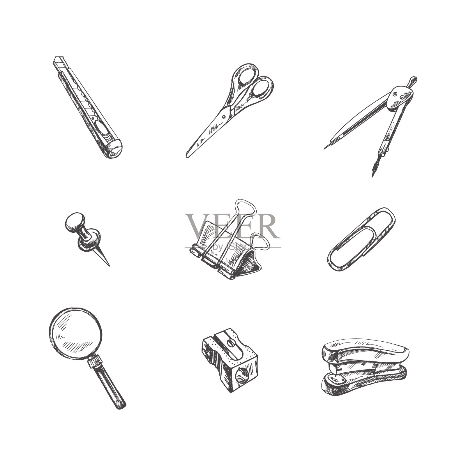 回到学校，手绘学校用品素描集。涂鸦对象收集。教育的概念。复古素描元素。矢量插图。回到学校。插画图片素材