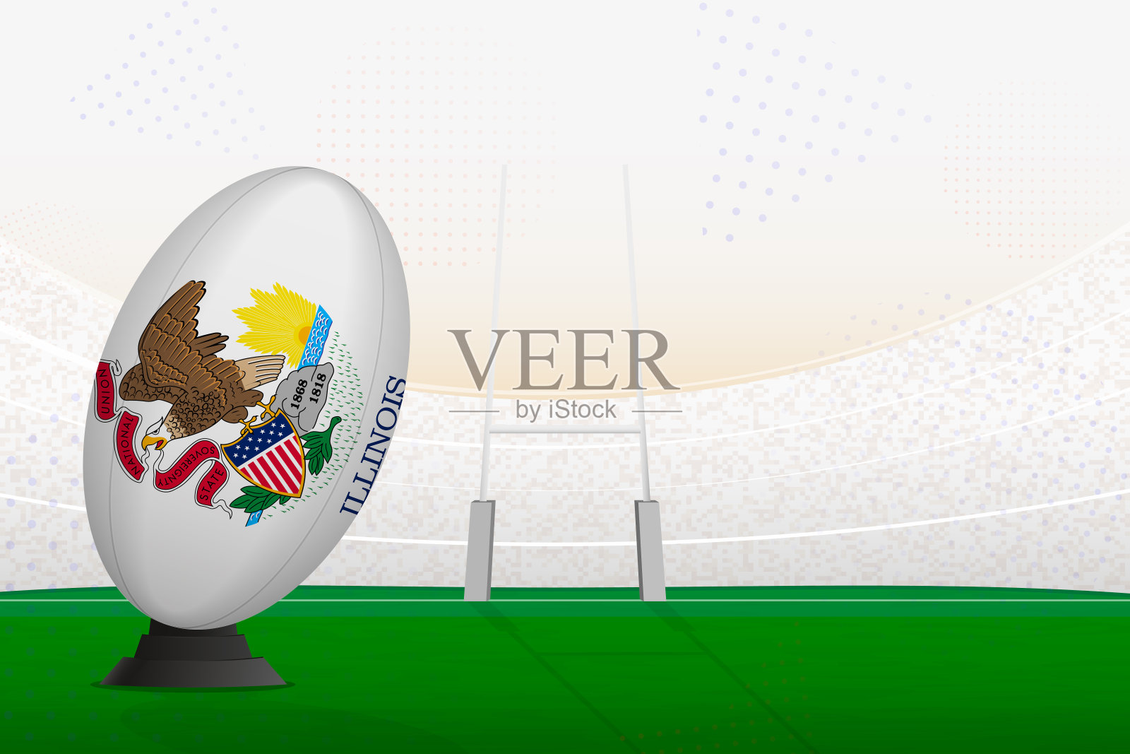 伊利诺斯州国家队的橄榄球放在橄榄球体育场和门柱上，准备罚点球或任意球。插画图片素材