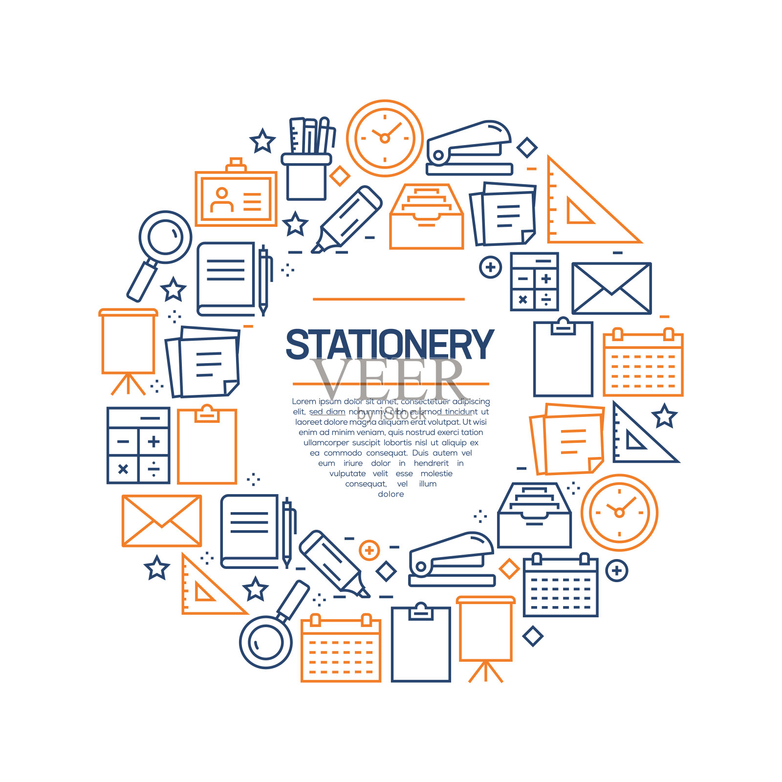 文具相关-彩色线图标，安排在圆圈插画图片素材