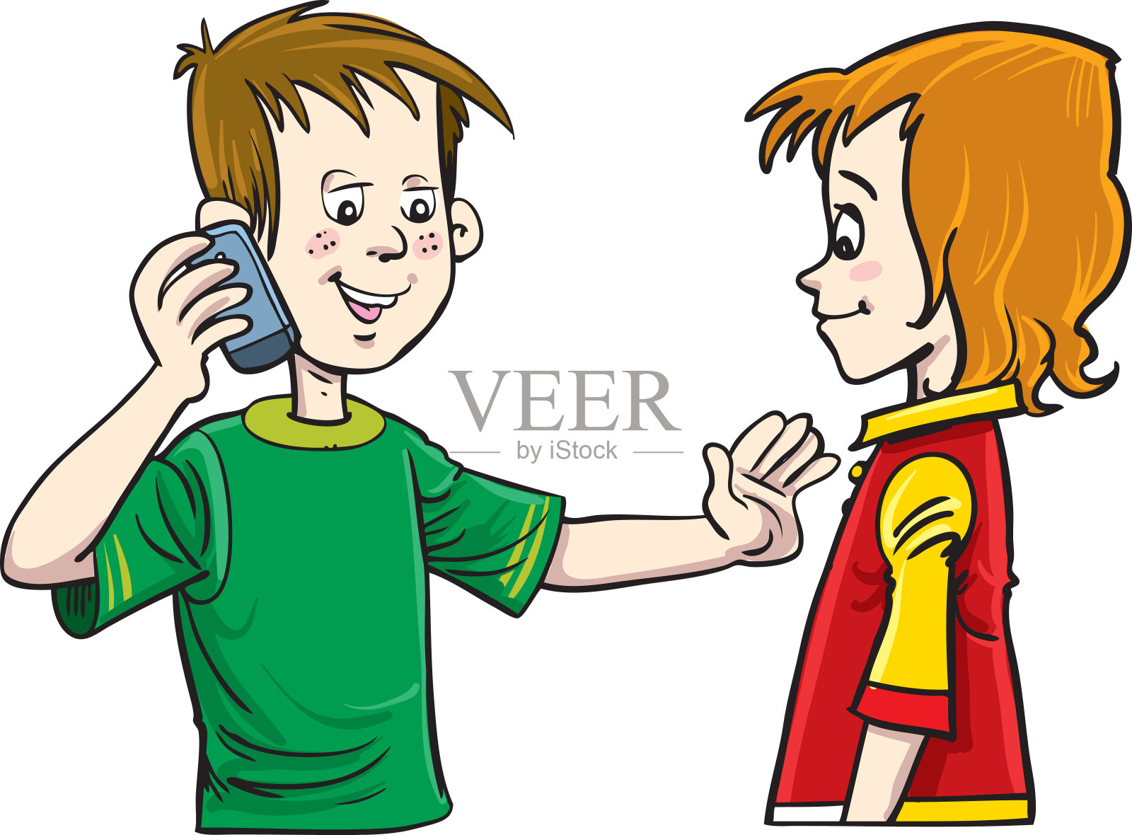 小女孩和小男孩拿着智能手机插画图片素材