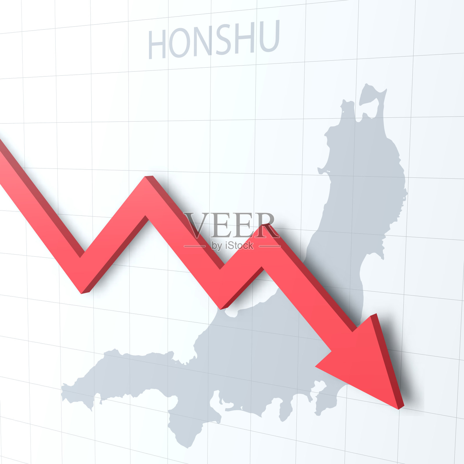 下落红色箭头与本州地图的背景插画图片素材