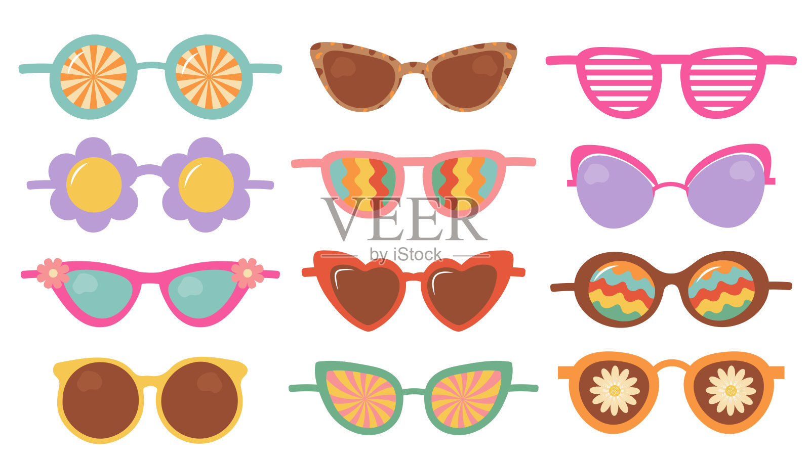 时髦的嬉皮士太阳镜套装。可爱的复古迷幻眼镜60年代，70年代，80年代。时尚美学收藏。插画图片素材