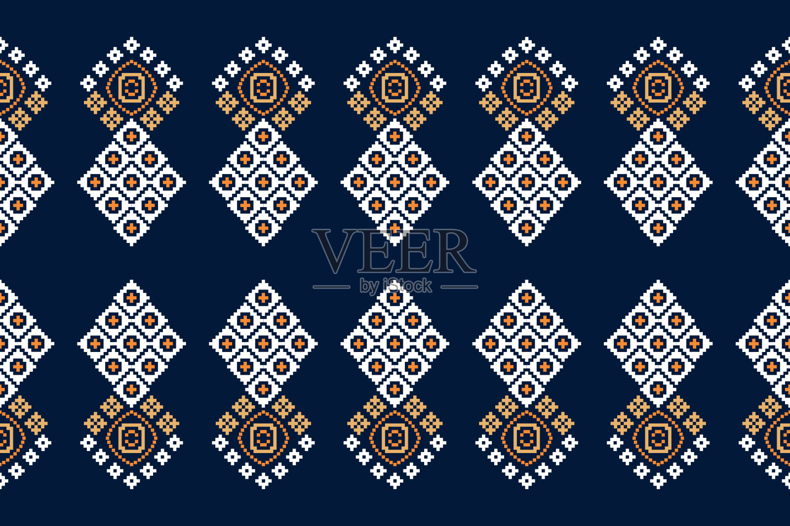 民族几何织物图案十字绣。伊卡特刺绣民族东方像素图案蓝色背景。插画图片素材