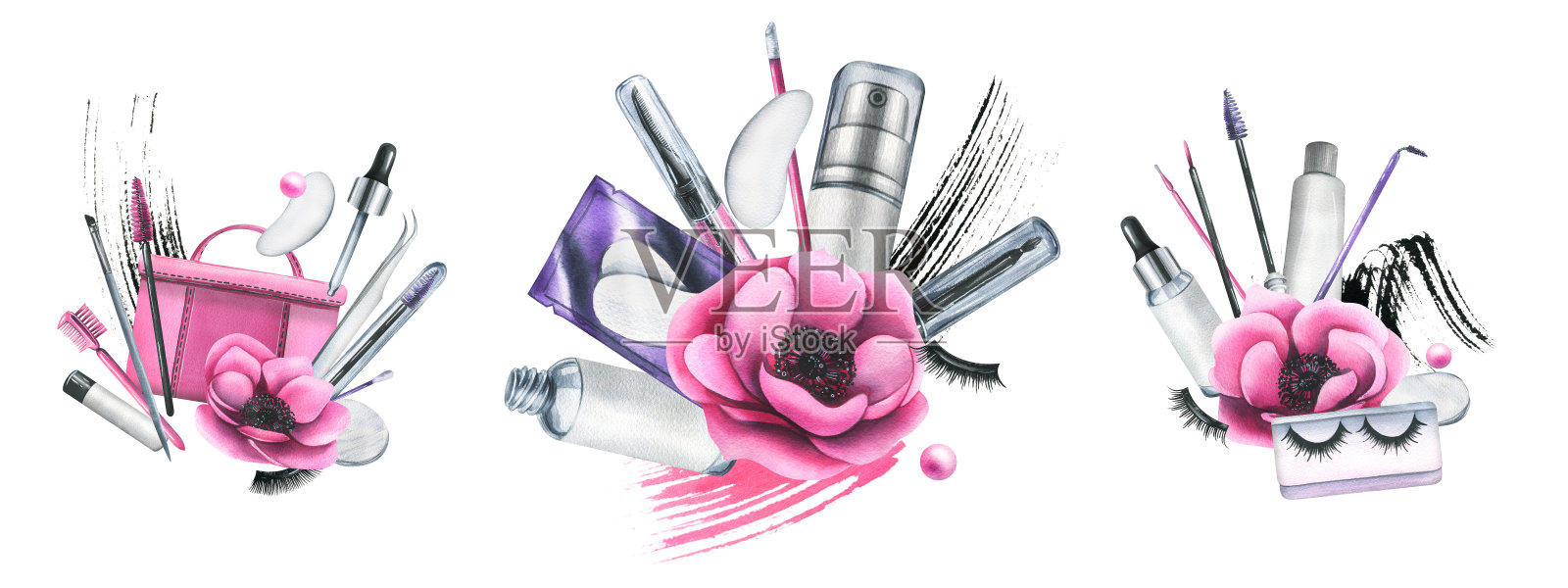 化妆包面霜，刷子和化妆产品粉红色的花朵。水彩插画，手绘，供美容院、化妆品厂家使用。一组孤立的作品在白色。插画图片素材