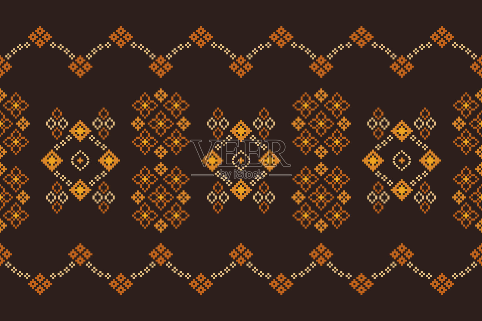 民族几何织物图案十字绣。伊卡特刺绣民族东方像素图案棕色背景。插画图片素材