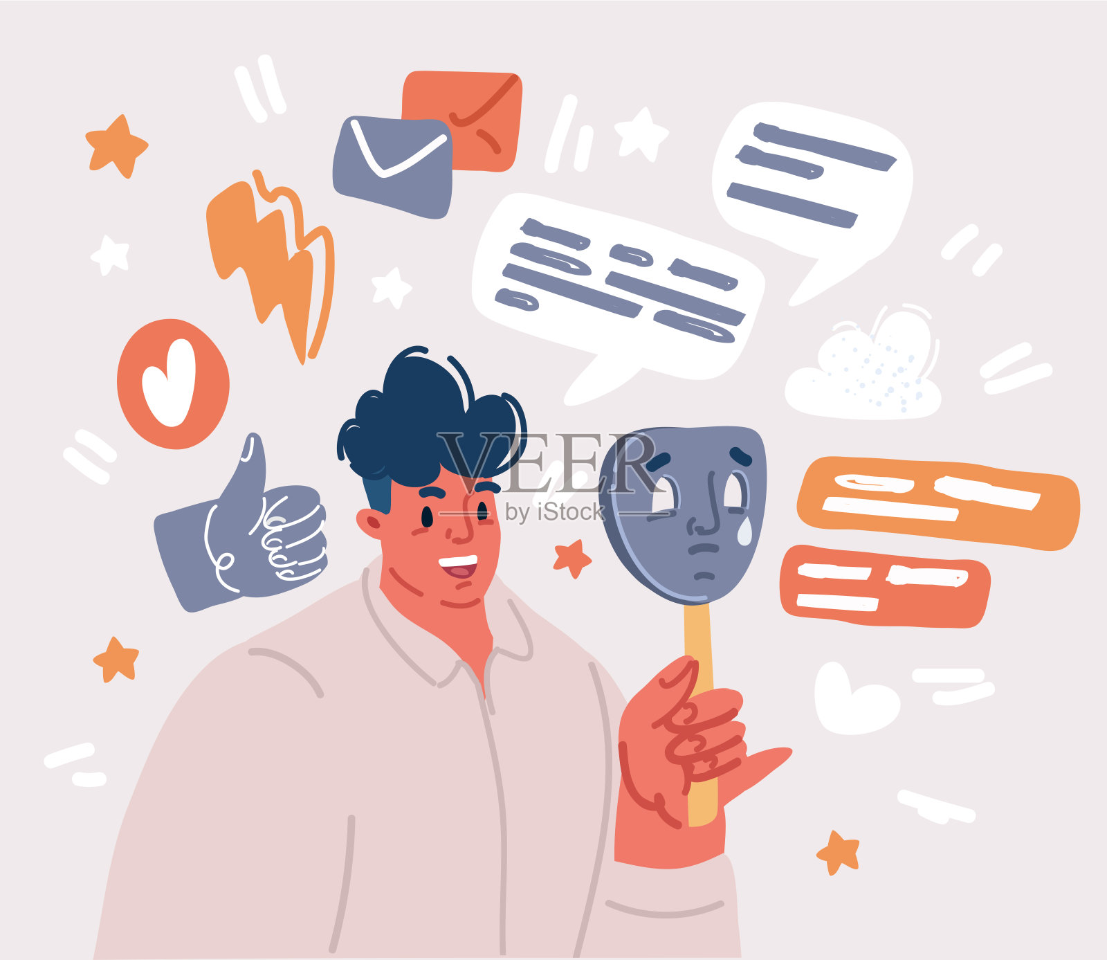 矢量插图一个无脸的人选择一个面具来表达情感。各种心理问题。根据社会的要求和压力改变自然人格。插画图片素材