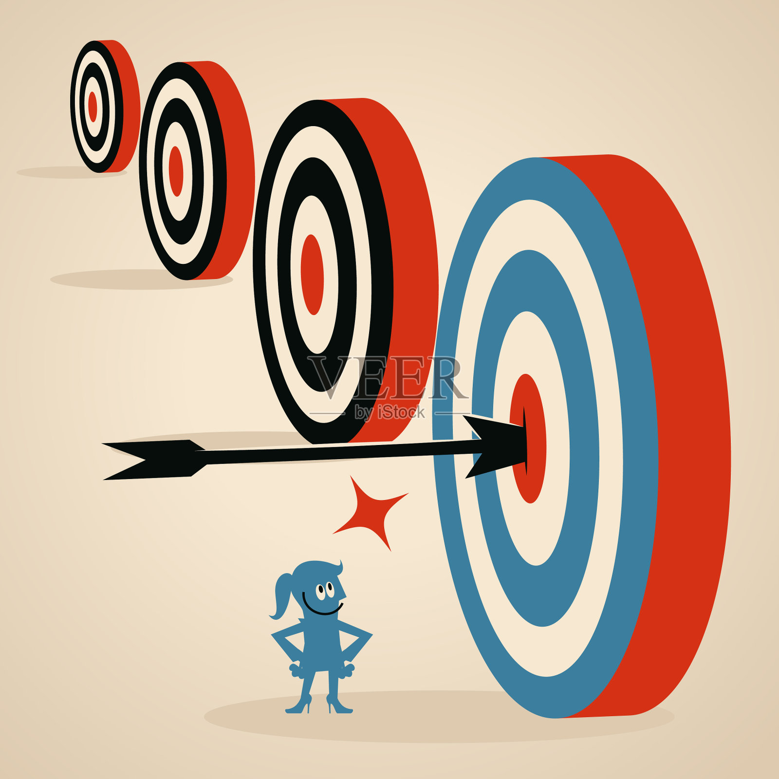 女商人选择一个巨大的靶(目标和目标)，有一个箭头在靶心插画图片素材
