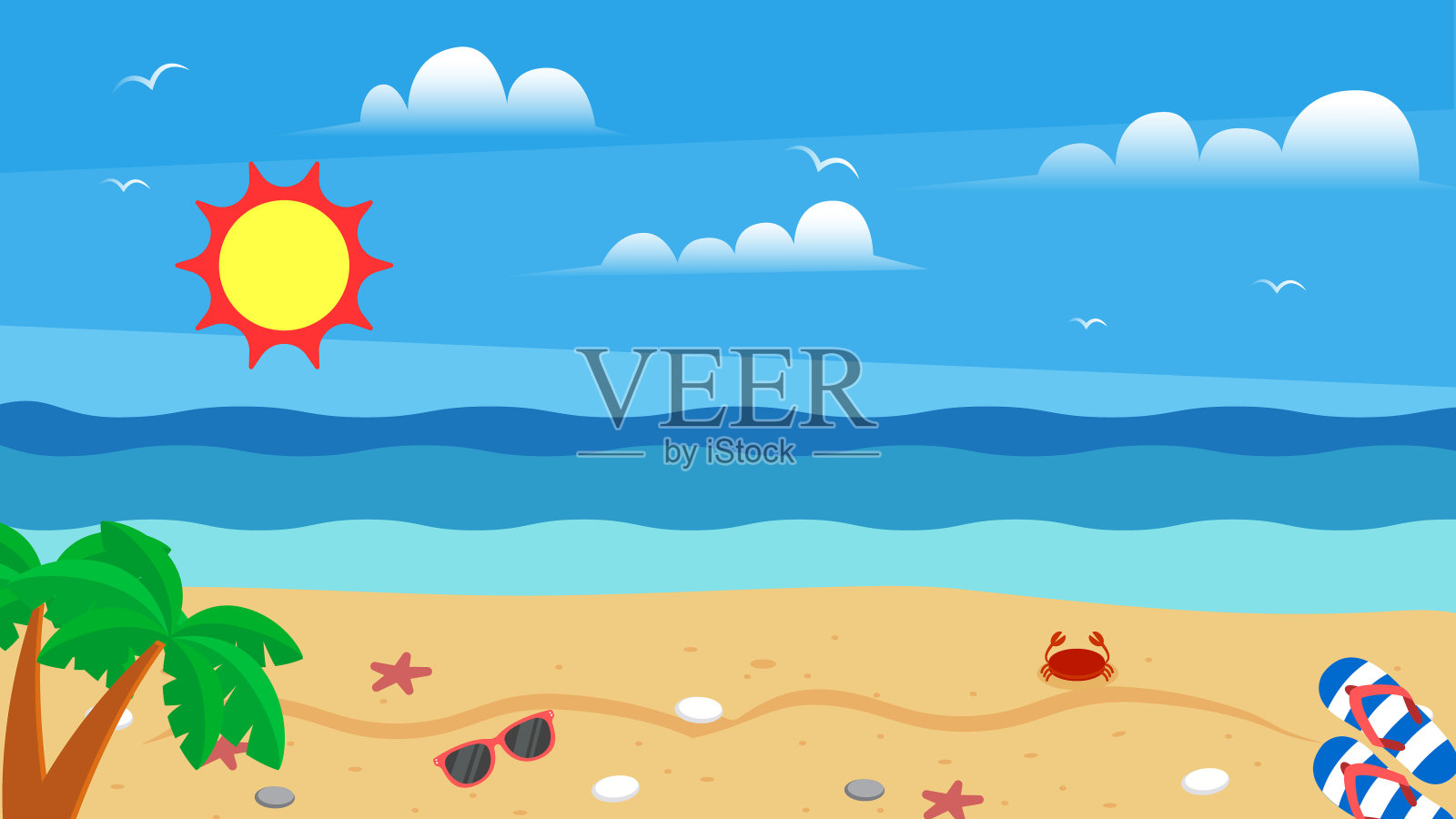 彩色Beah和海滩配件插画图片素材