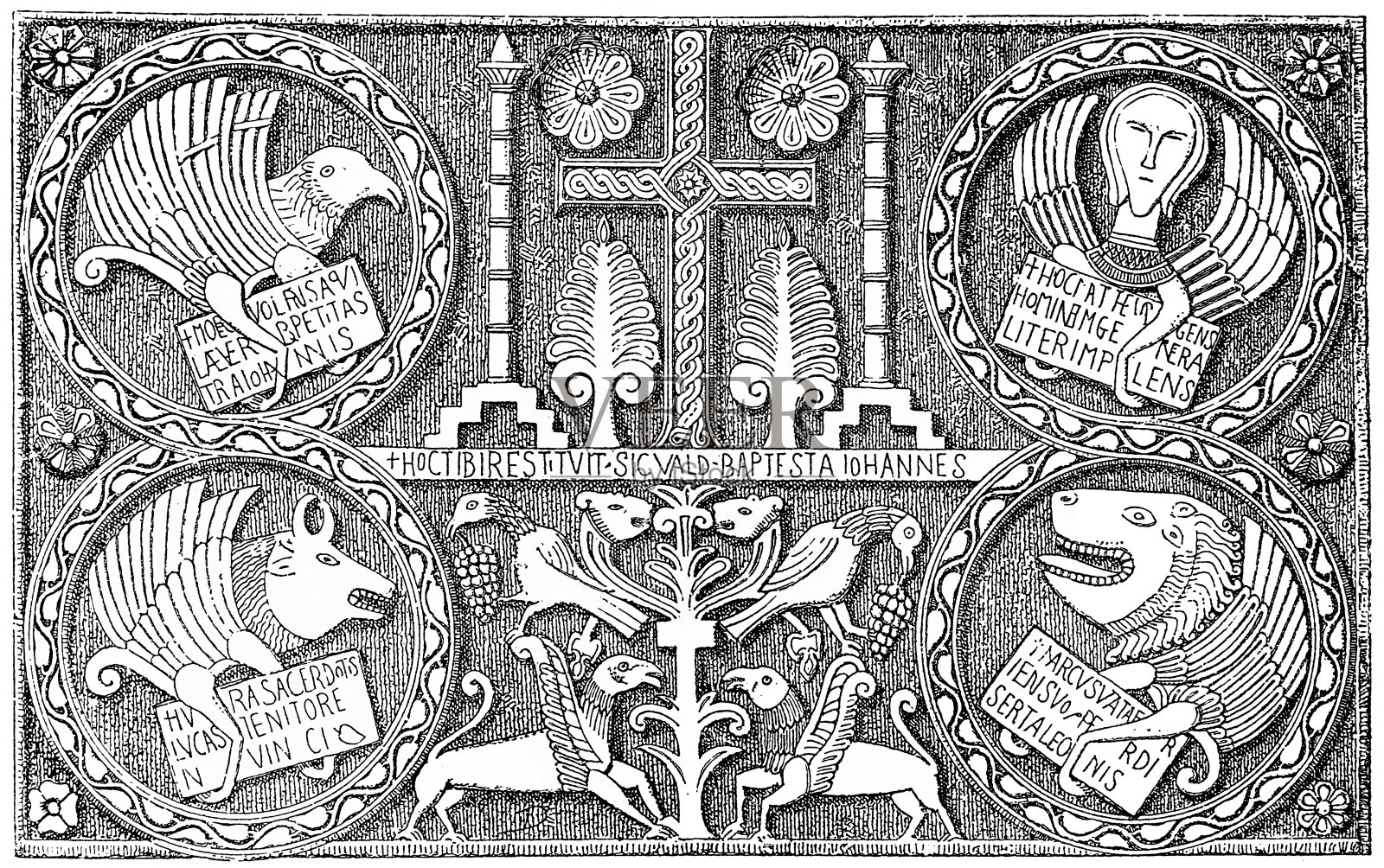 圣卡利斯托洗礼堂的浅浮雕(737-756)。细节与四个福音传道者的象征插画图片素材
