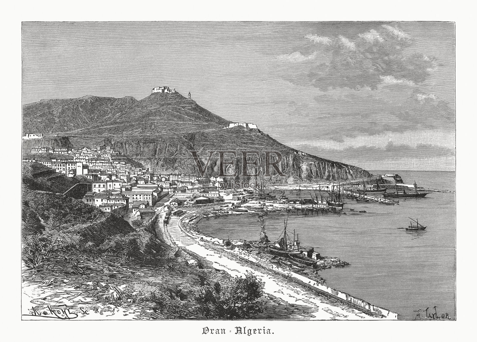 阿尔及利亚奥兰的历史观，木版，1891年出版插画图片素材