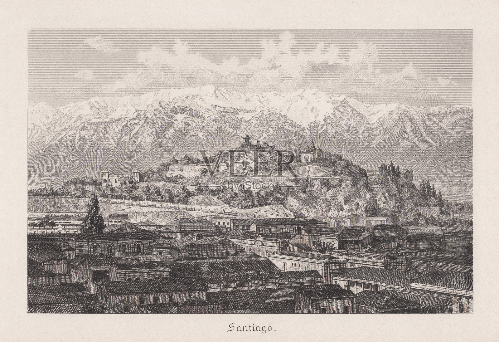 智利圣地亚哥的历史观点，钢版画，出版于1892年插画图片素材