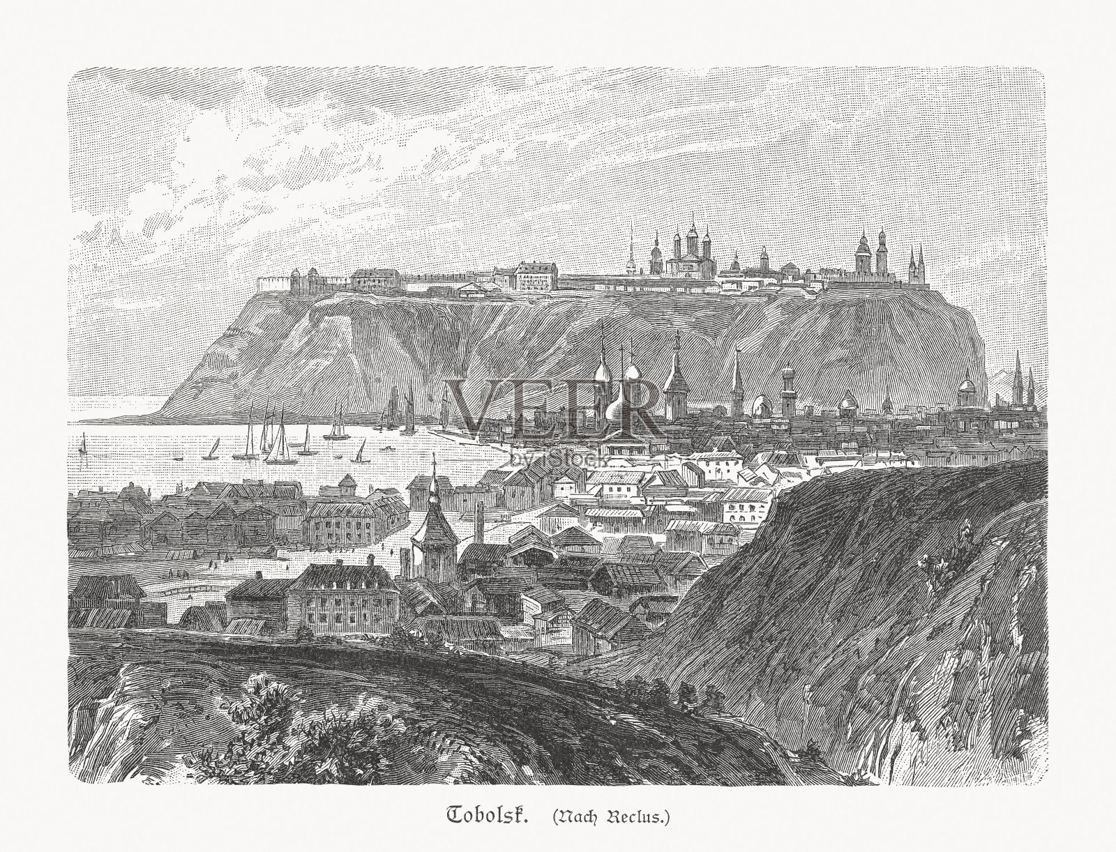 俄罗斯秋明州托博尔斯克历史观木刻，1897年出版照片摄影图片