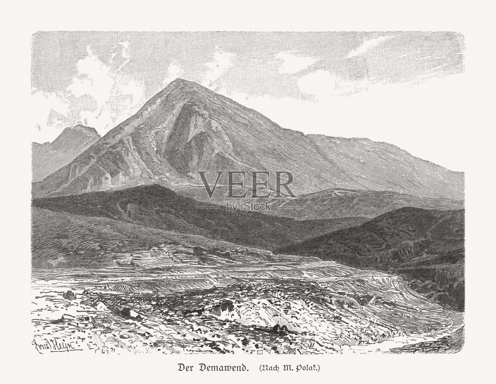 伊朗的最高峰达马万德山，1897年出版的木刻版画照片摄影图片