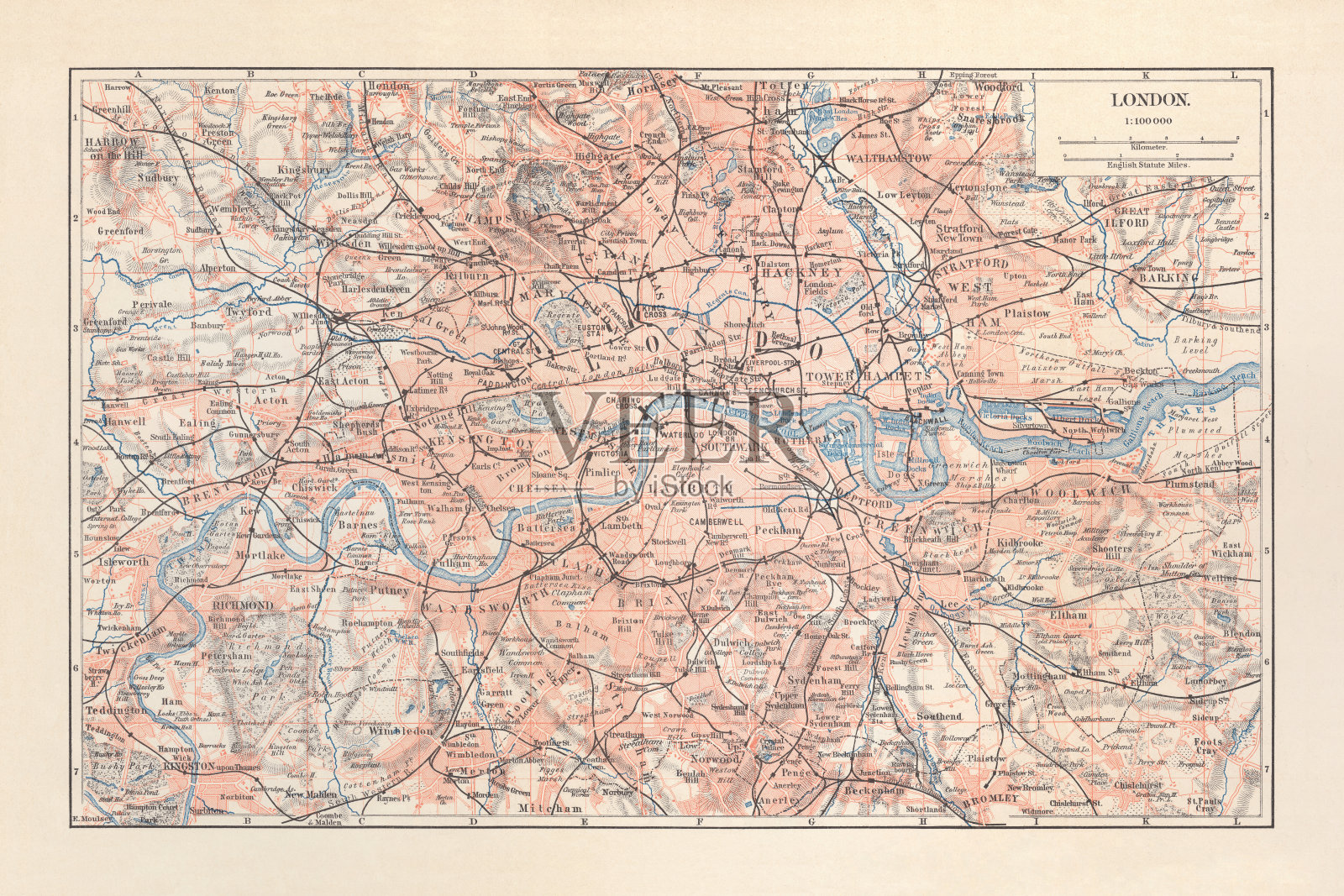 1897年出版的英国伦敦城郊地图照片摄影图片