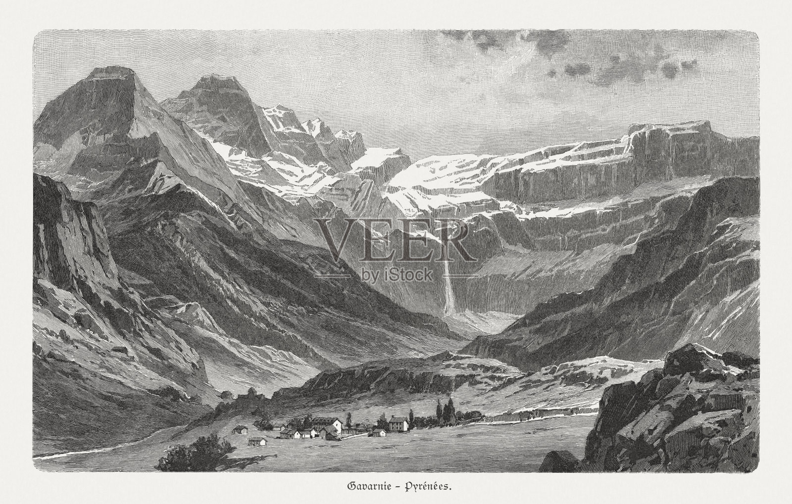 加瓦尼马戏团(Cirque de Gavarnie)，比利牛斯，法国/西班牙，木刻，1897年出版照片摄影图片