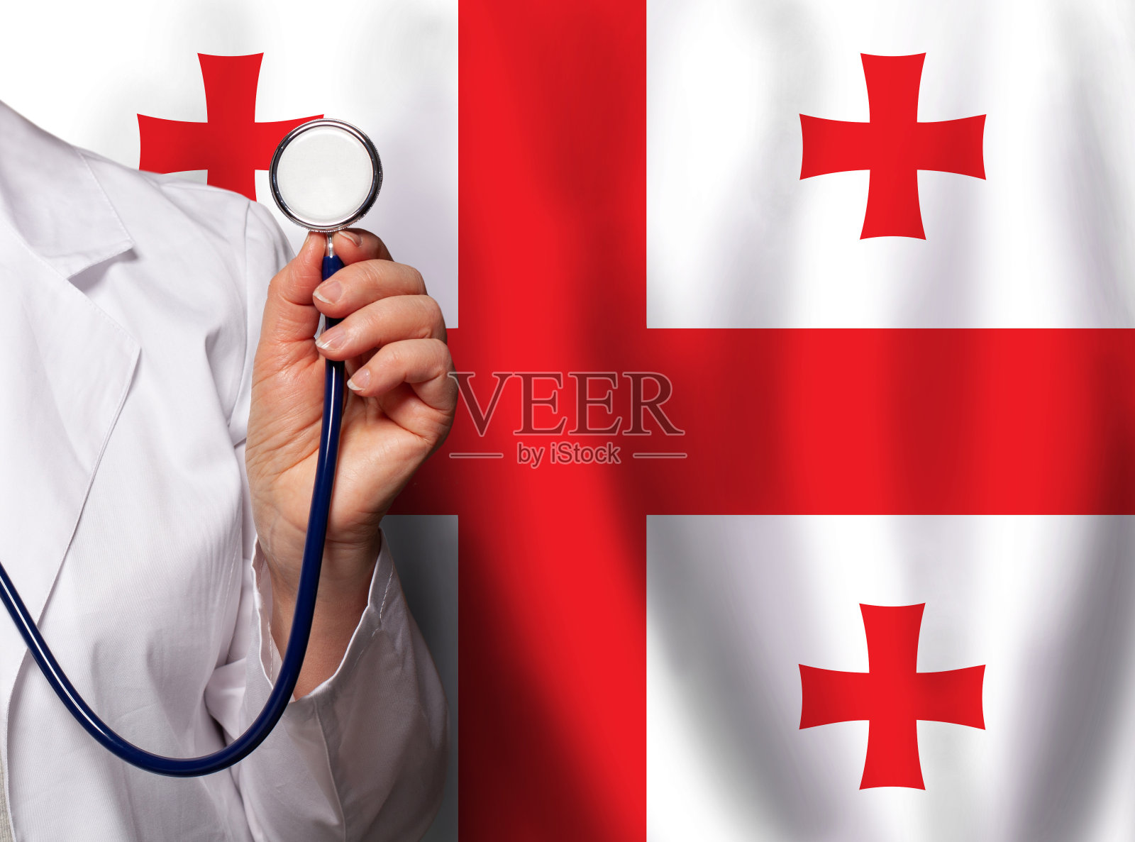 格鲁吉亚医生与听诊器，格鲁吉亚国旗背景照片摄影图片