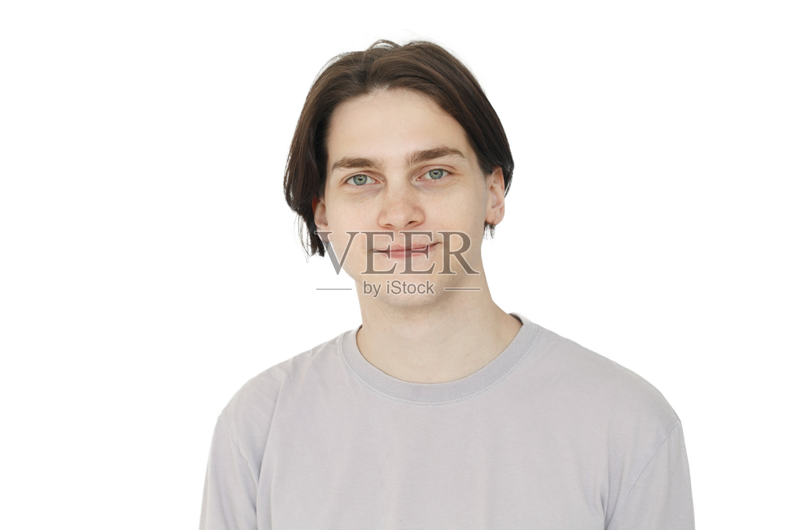 可爱的微笑男人棕色头发孤立在白色背景照片摄影图片