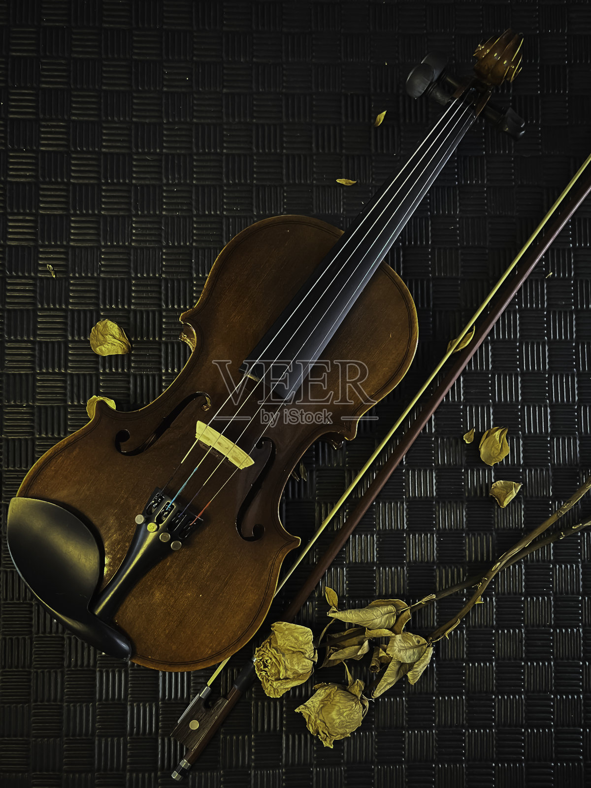 小提琴和琴弓放在干玫瑰旁边，黑色的垃圾表面为背景，照片摄影图片