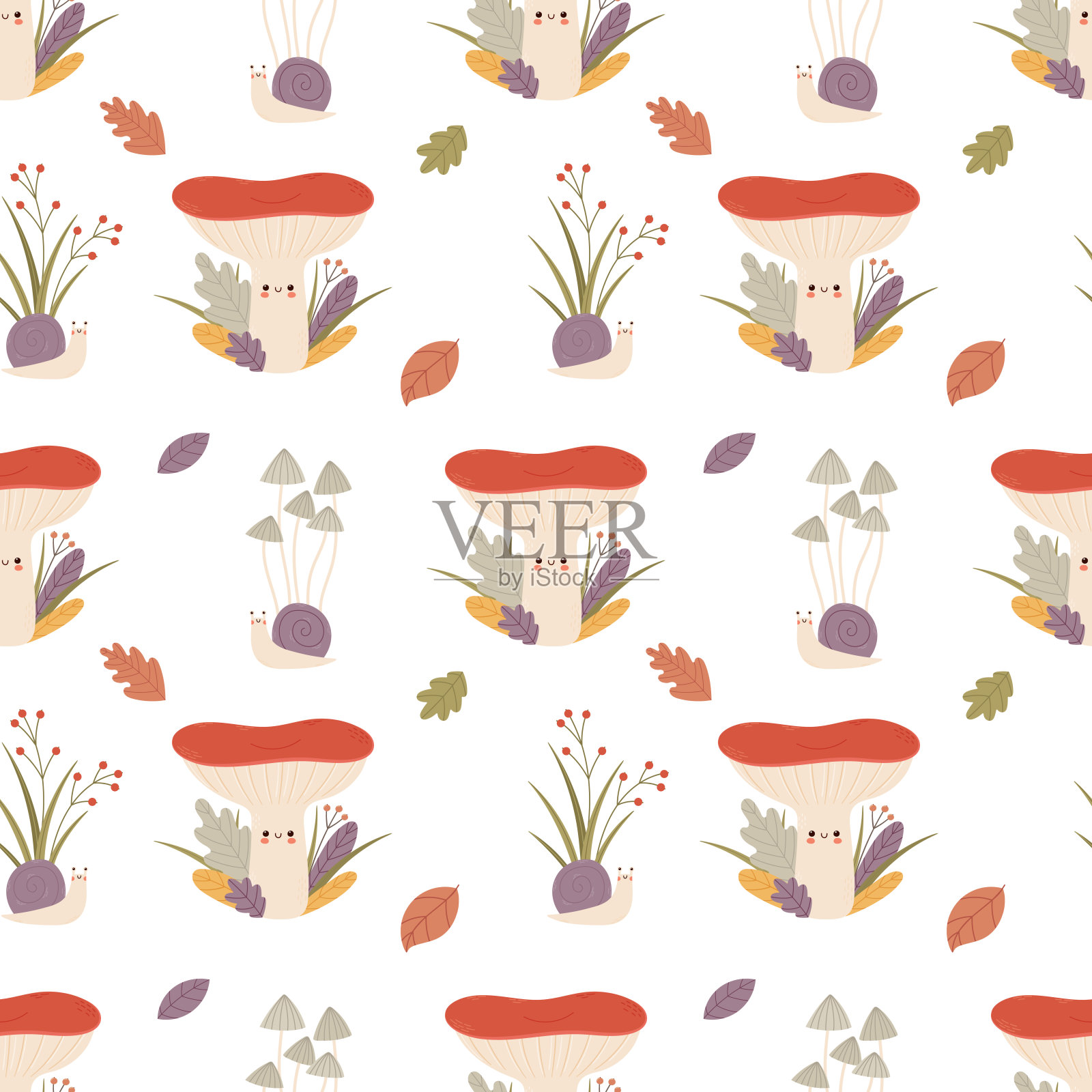 卡通矢量图案与有趣的蘑菇人物，蜗牛和森林植物。插画图片素材