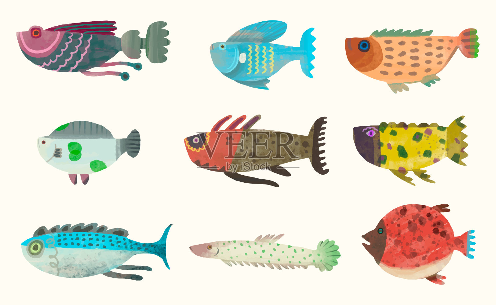 鱼，水彩画。矢量插图的水下动物收集。孤立。插画图片素材