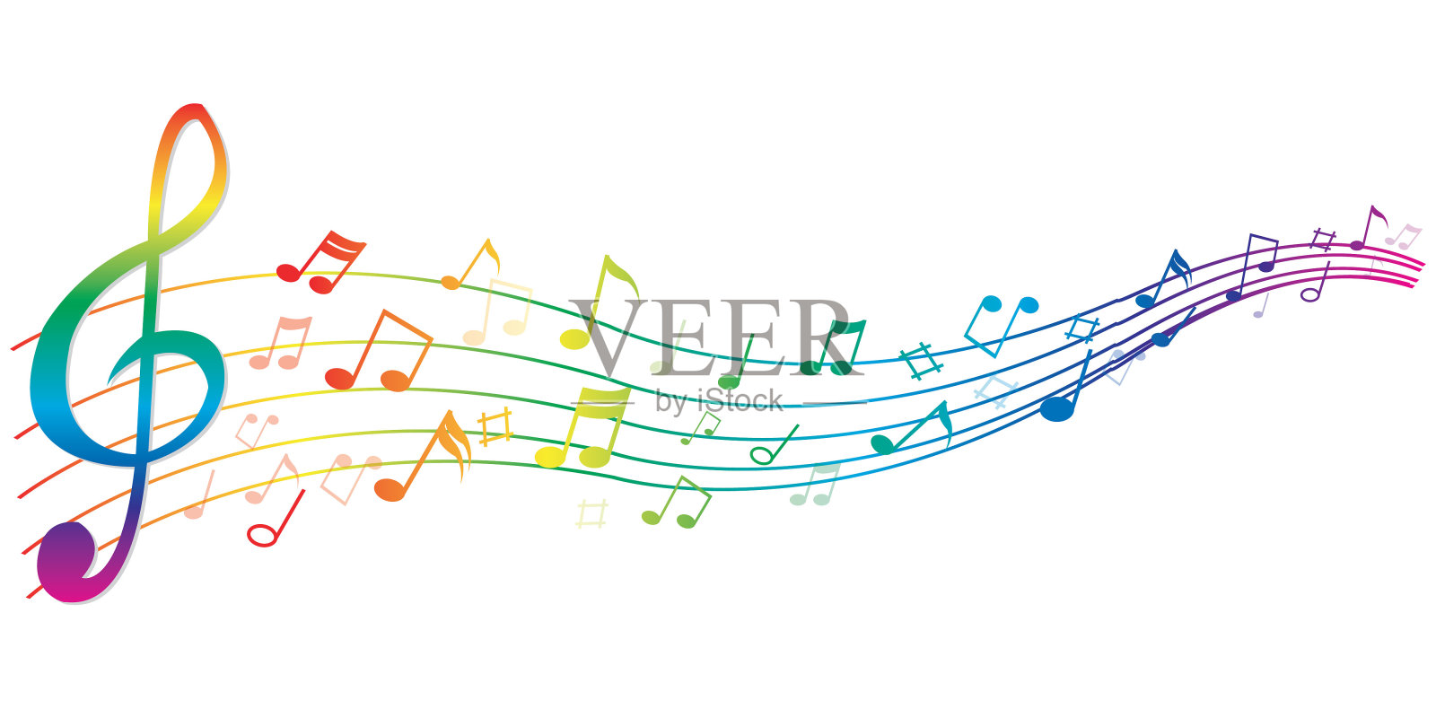 抽象的彩色音符音乐在一个白色的背景，矢量插图插画图片素材