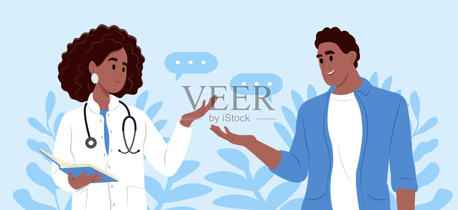 非裔美国女医生向病人解释诊断的画像。一名女医生在检查室接见病人。前列腺癌宣传月插画图片素材