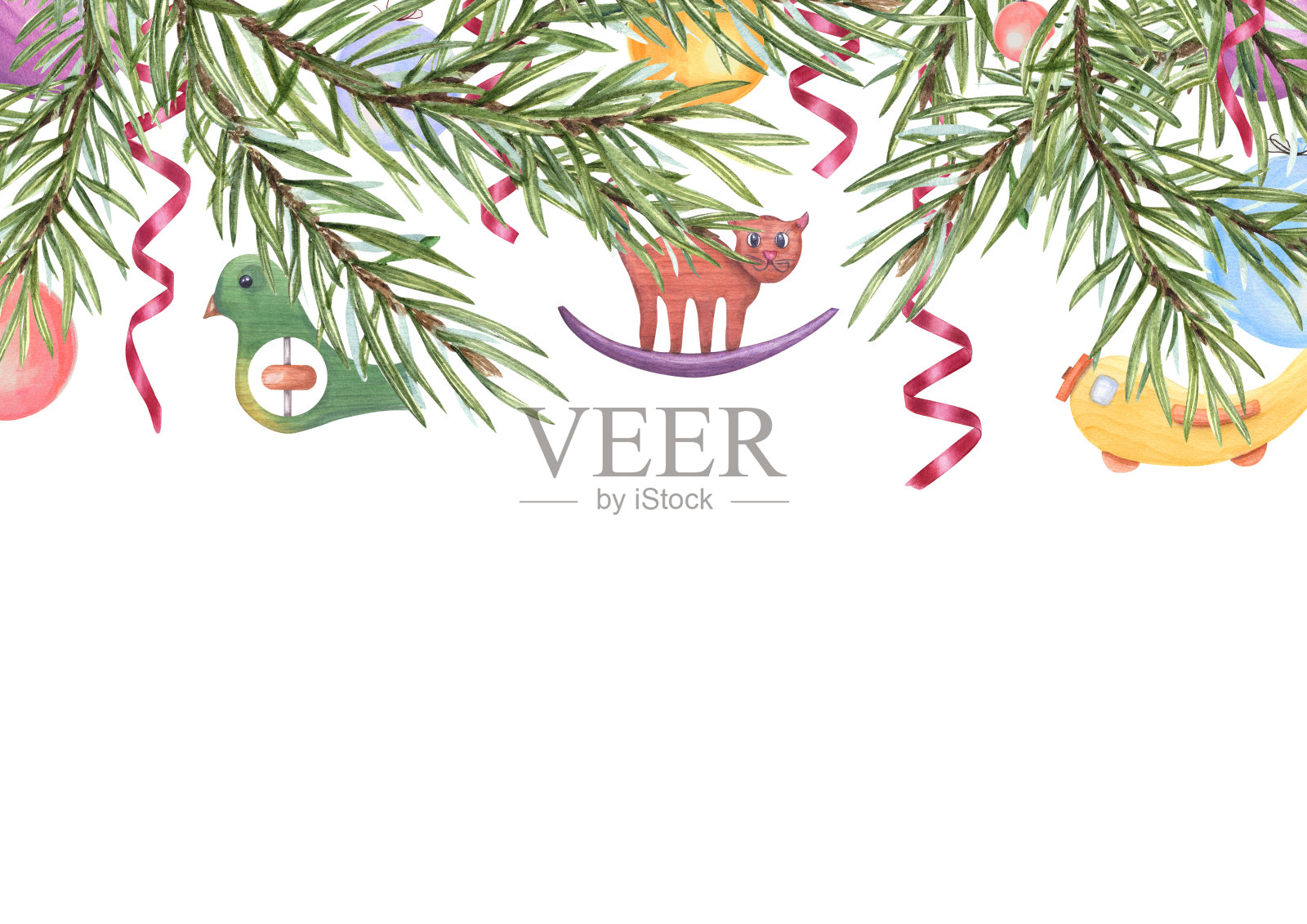 圣诞快乐和新年快乐海报与云杉树枝，彩球，木制玩具和红色蛇纹石。小猫，飞机，鸟，扭曲的丝带，圣诞树枝。文本空间插画图片素材