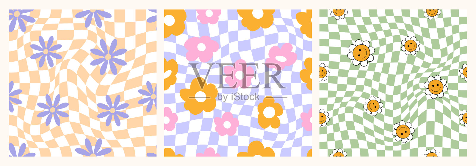1970菊花，梦幻网格，波浪漩涡无缝图案设置在橙色，粉红色。插画图片素材