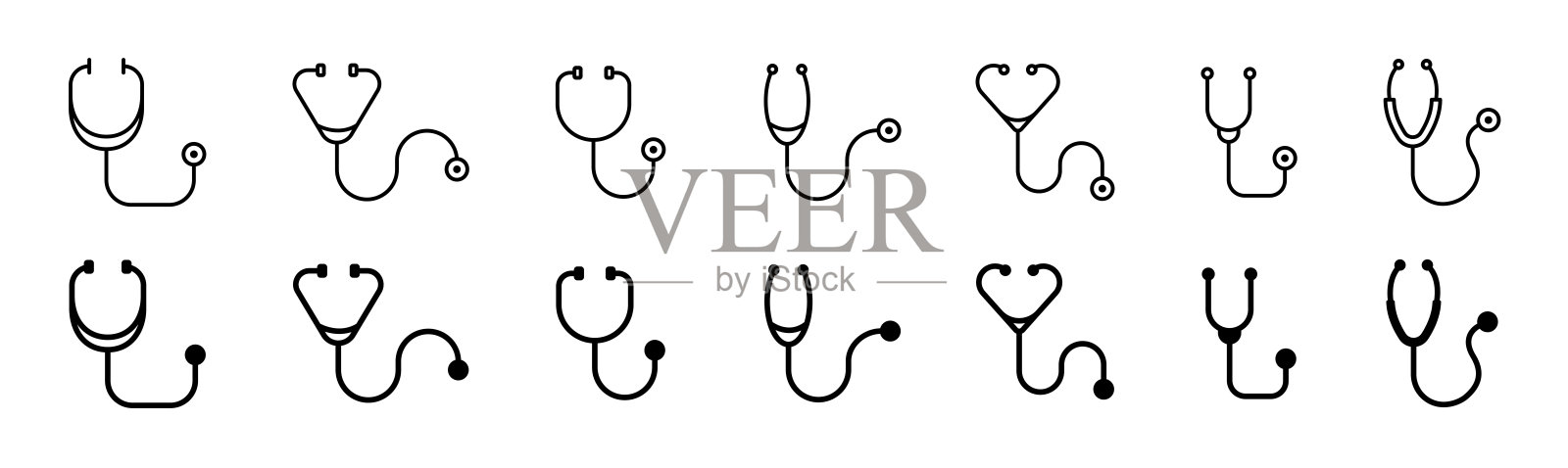 听诊器图标。听诊器图标集合。医学、健康、医生图标概念。听诊器线条，轮廓图标。股票向量图标素材
