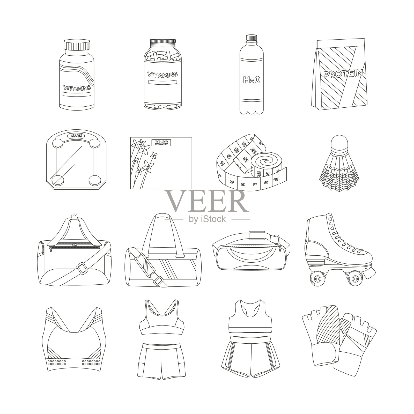维生素，蛋白质，地板秤，包，滚筒，运动服，手套。运动设备。健身库存。线的艺术。插画图片素材