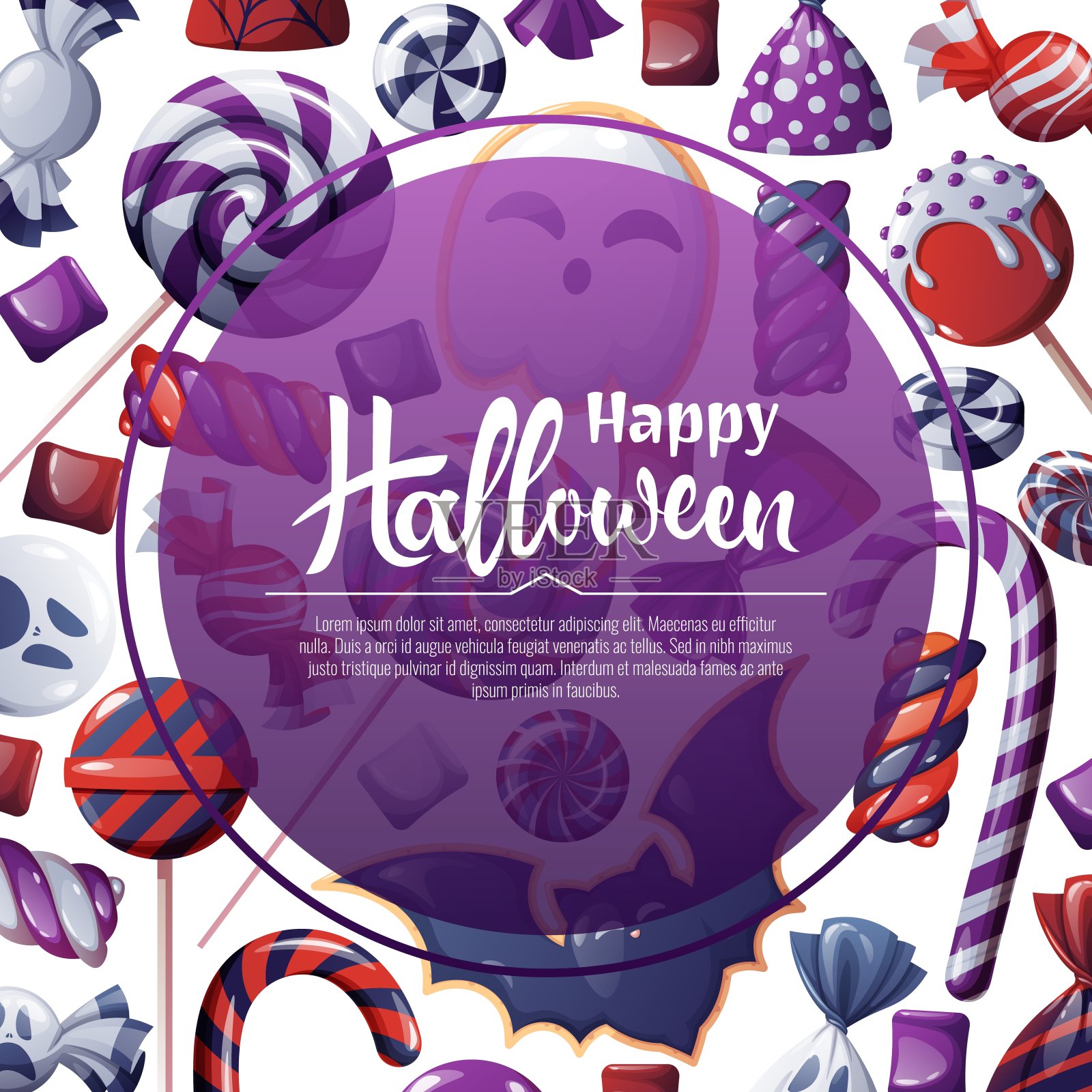 矢量背景万圣节邀请或贺卡。节日邀请不给糖就捣蛋。海报，横幅上有鬼和蝙蝠饼干，幽灵糖果，糖果，饼干，棒棒糖。插画图片素材