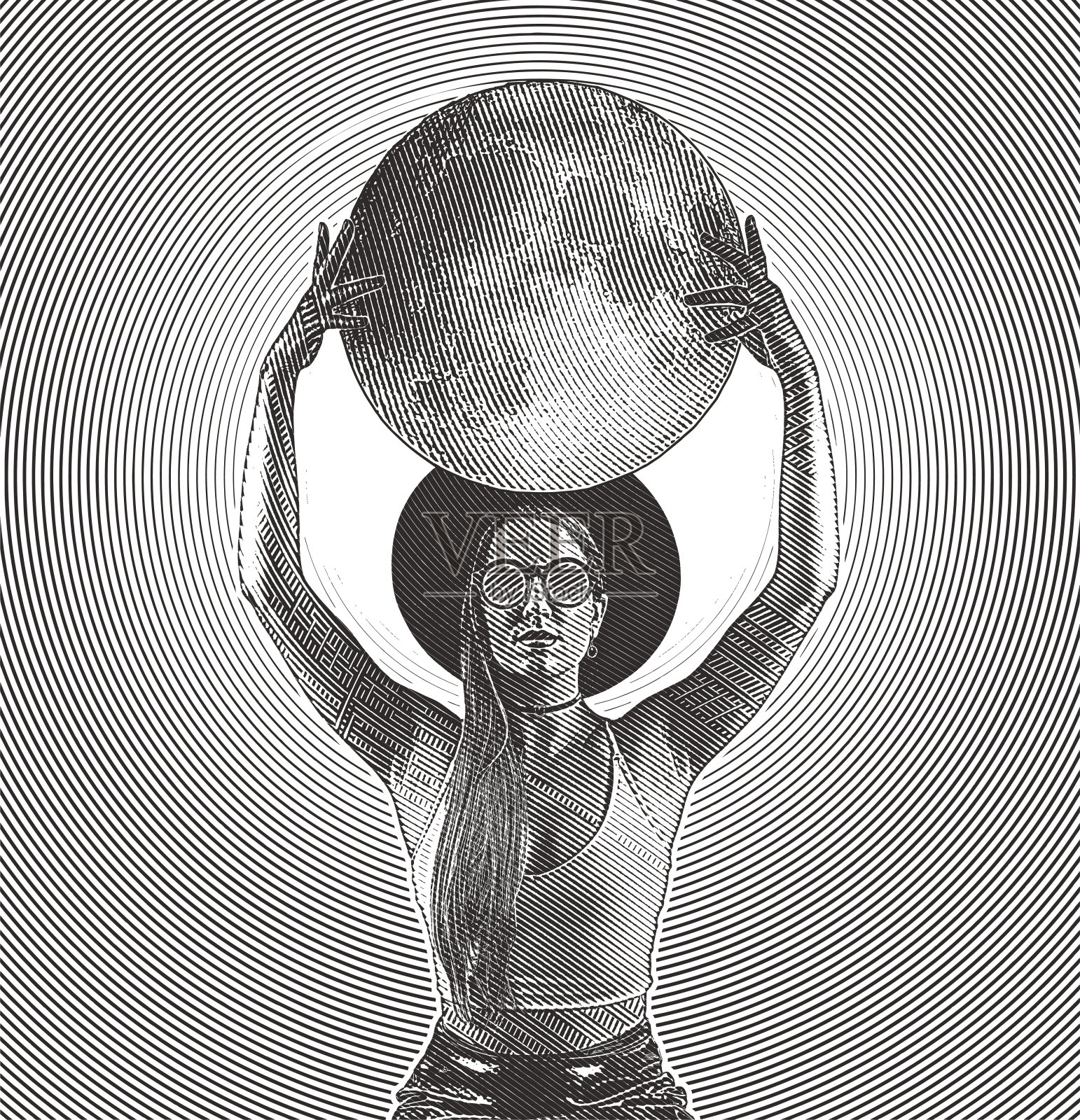 年轻的潮女人穿着露脐上衣戴着太阳眼镜捧着月亮或地球插画图片素材