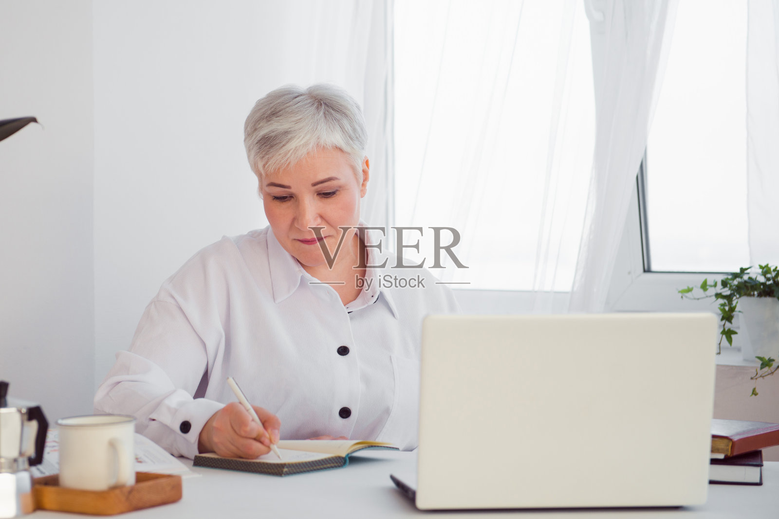 头发花白的女商人坐在电脑前工作照片摄影图片