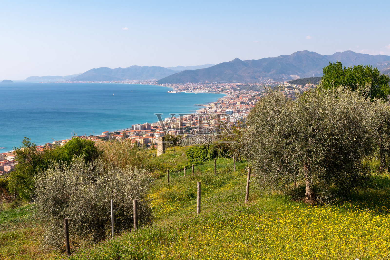 春天，意大利利古里亚萨沃纳，从橄榄园的梯田俯瞰棕榈海岸，海岸城市皮埃特拉利古雷、洛亚诺和加利纳拉岛在地平线上照片摄影图片