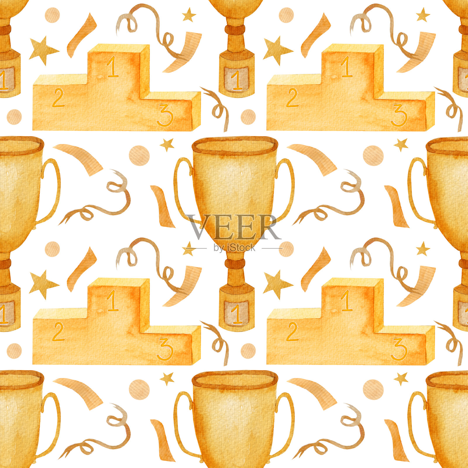 水彩运动图案，金杯，运动底座，白底彩纸。插画图片素材