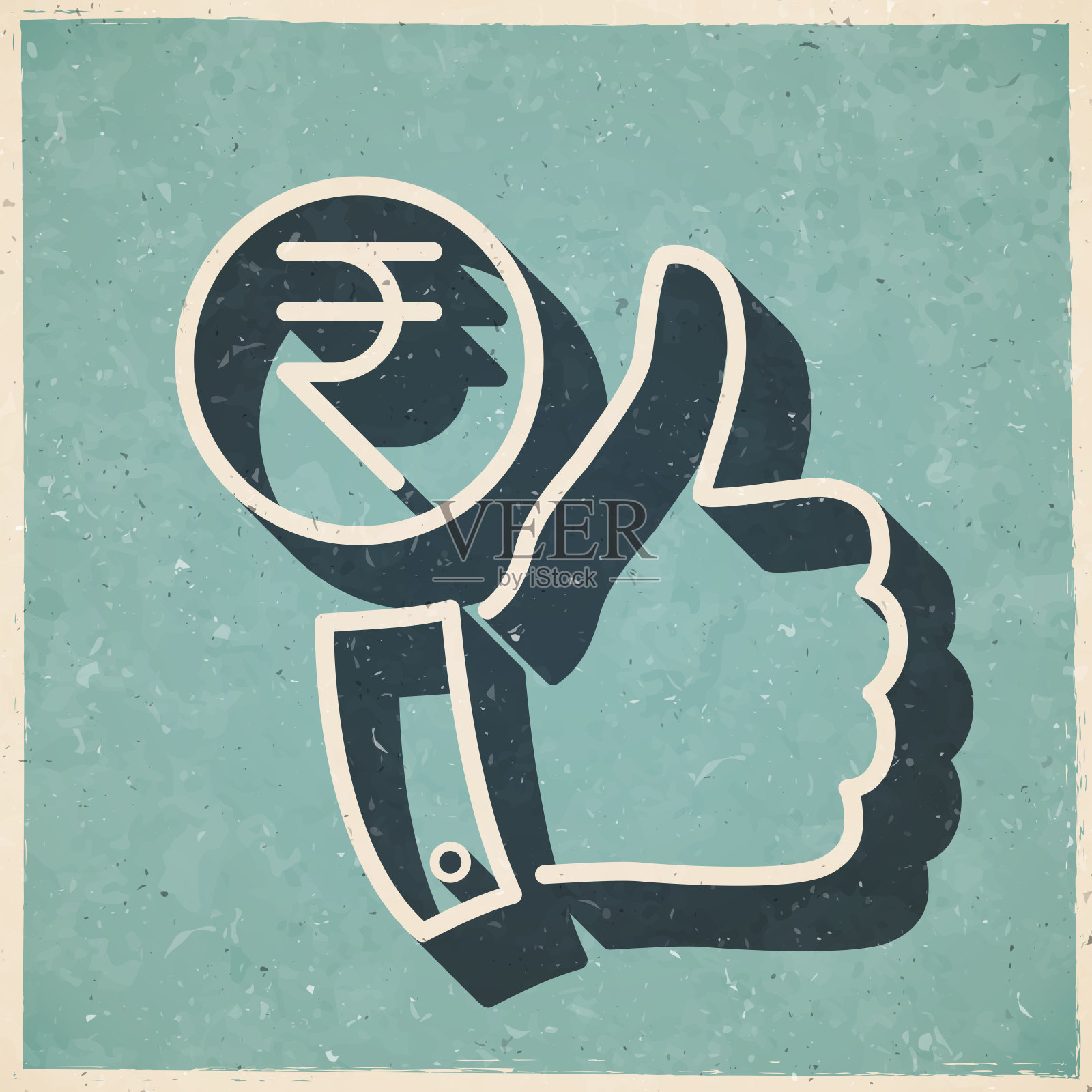 竖起大拇指的印度卢比硬币。图标复古复古风格-旧纹理纸插画图片素材