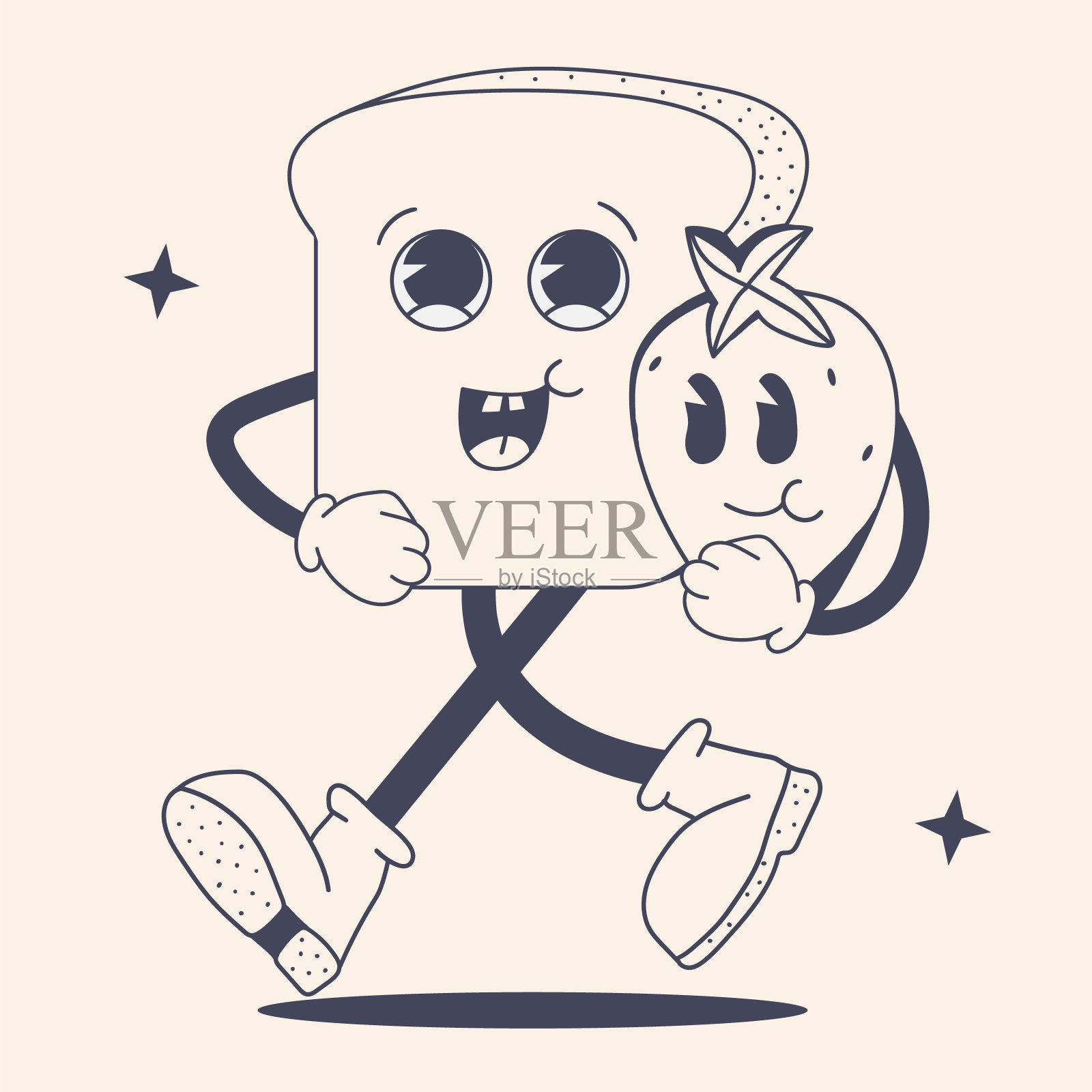 绝妙的复古吐司配上有趣的草莓。面包片卡通人物线条插图。插画图片素材