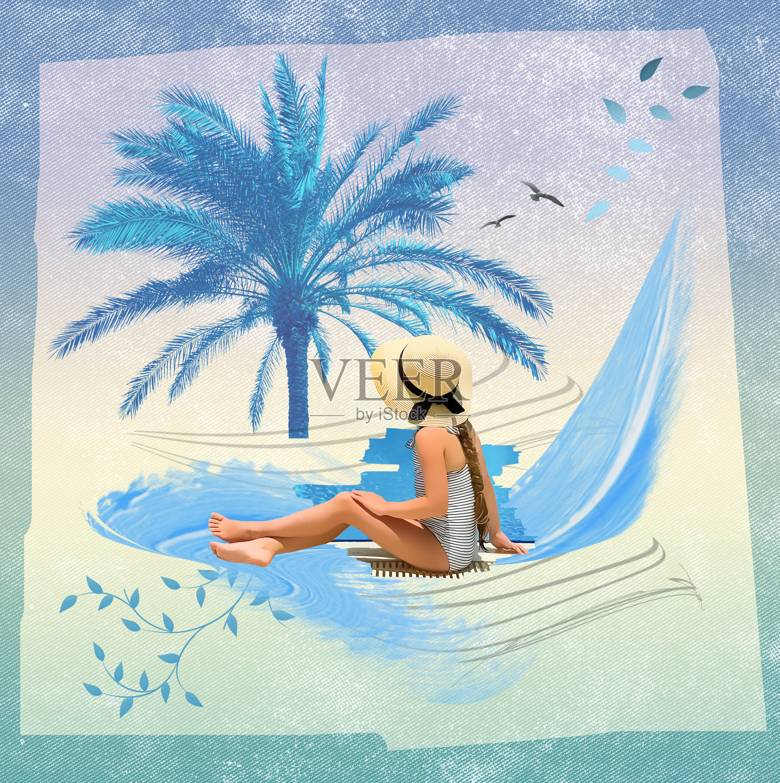 一个戴着帽子的小女孩坐在泳池旁边——艺术拼贴或设计关于夏天，假期，假期照片摄影图片