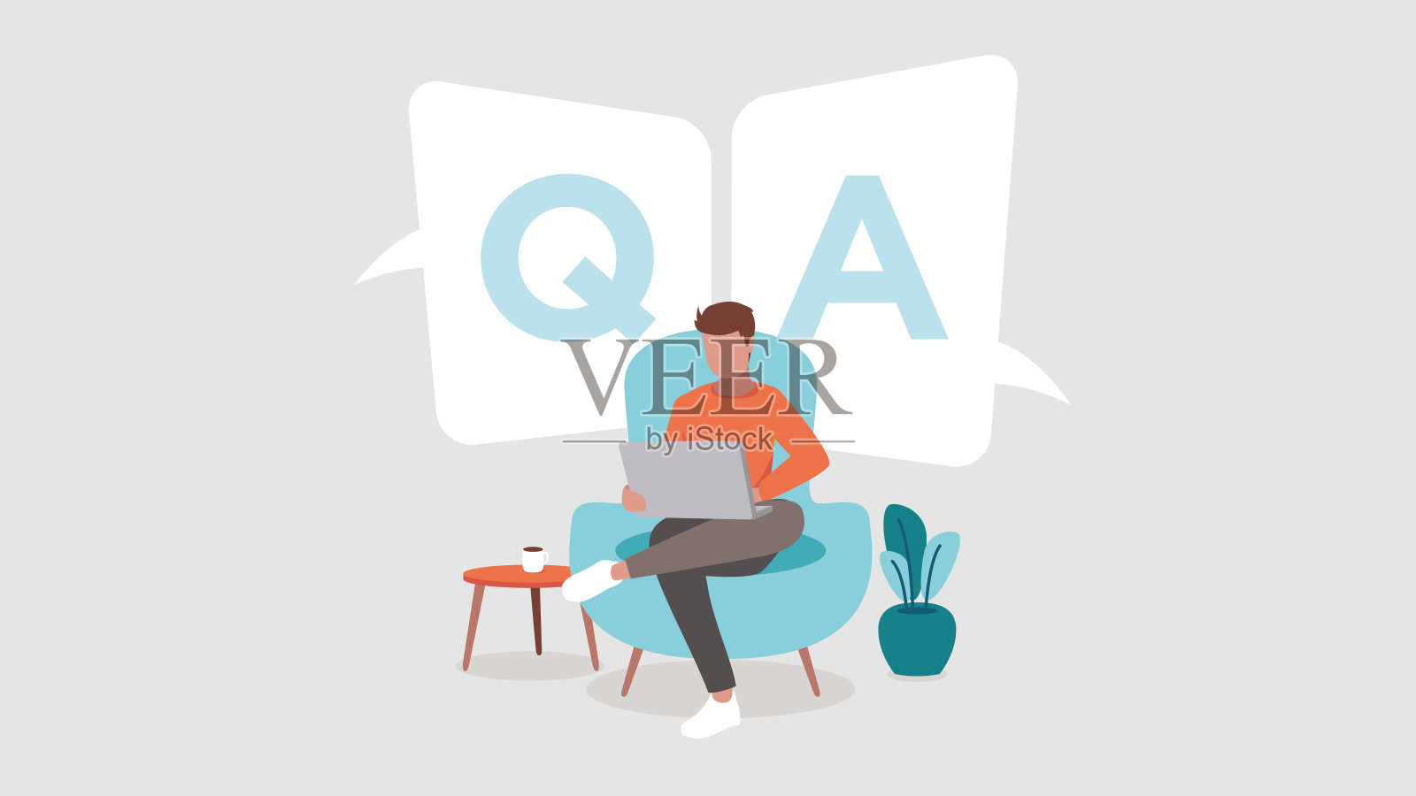 矢量插图的人坐在她的笔记本电脑上的沙发-概念的问题和答案插画图片素材