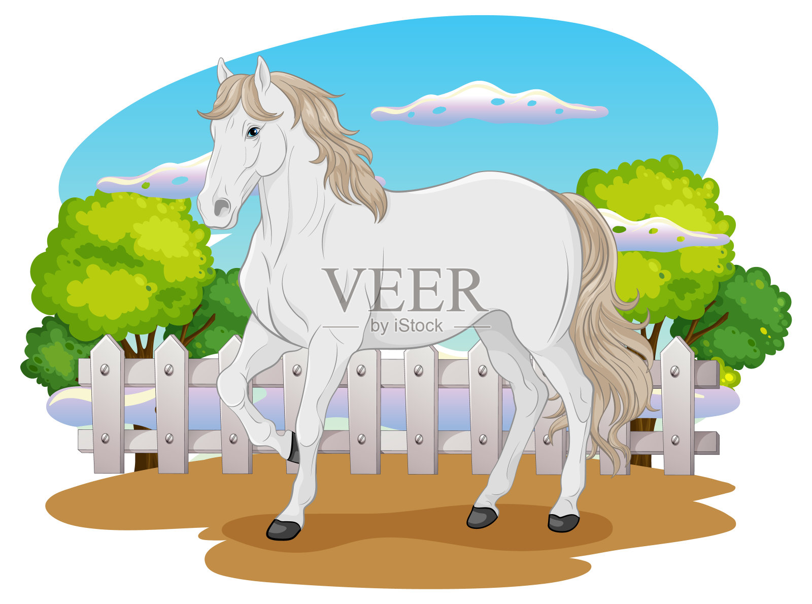 白色的马在大自然的户外插画图片素材
