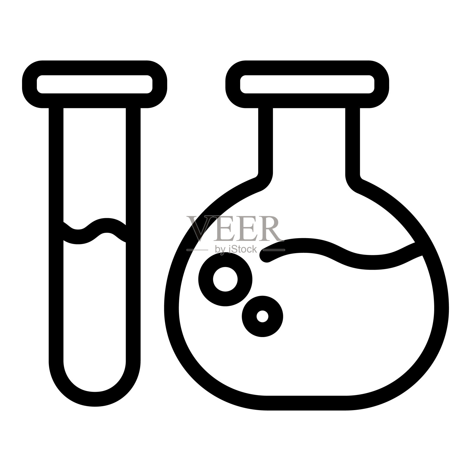 试管和烧杯线图标。医学烧瓶载体插图隔离在白色。实验室玻璃器皿轮廓设计的风格和应用程序。图标素材