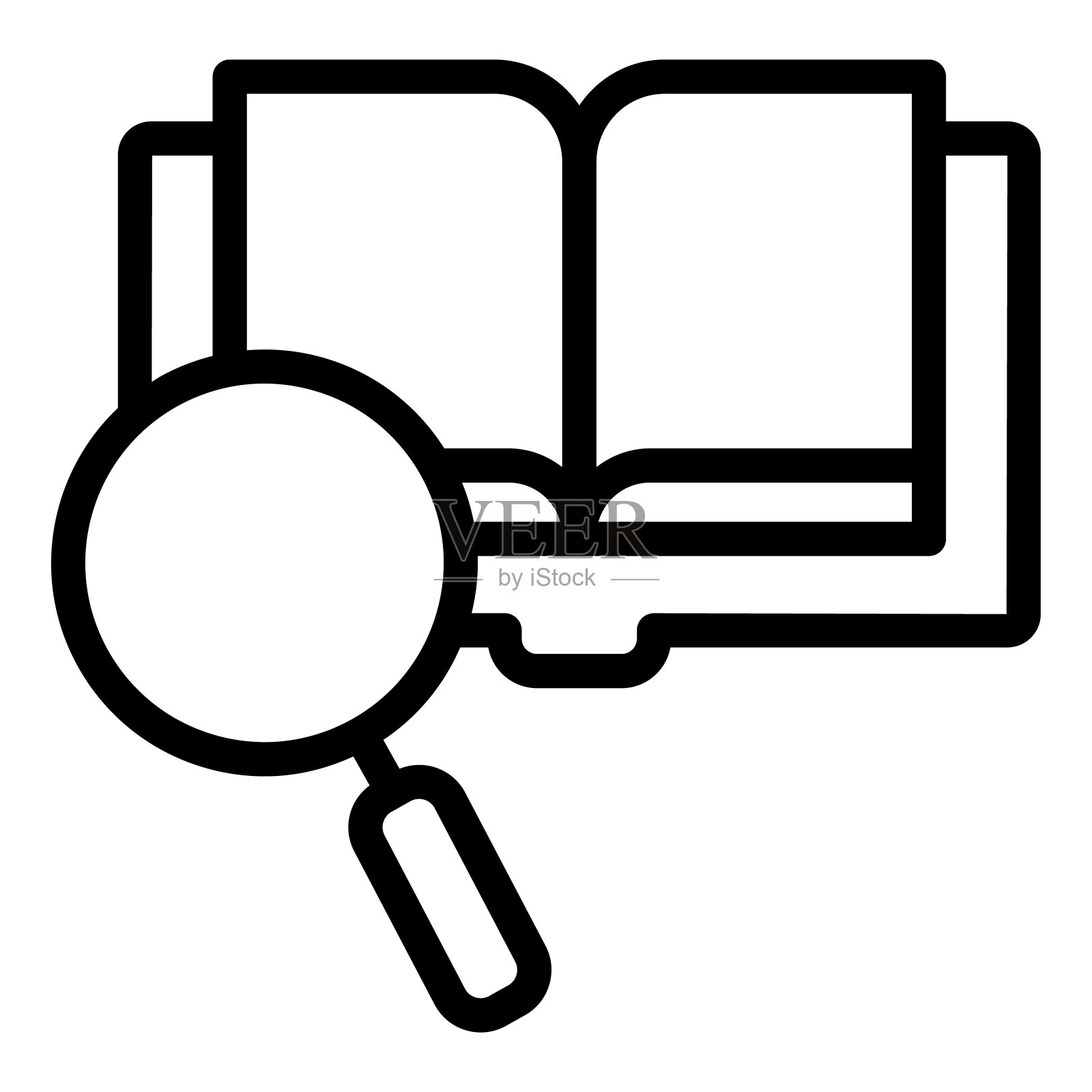 图书搜索线图标。数字图书矢量插图隔离在白色。书和放大镜的轮廓样式设计和应用程序。插画图片素材
